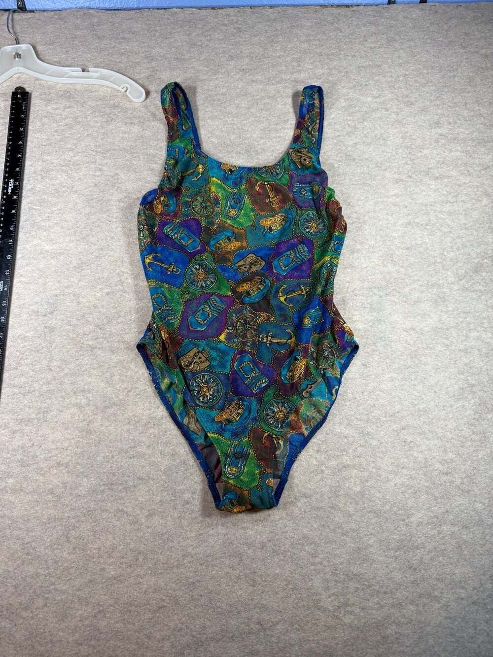 Vintage Solar brand Tan-Through Nautical Print One-Piece Swimsuit size 10, 12, 1